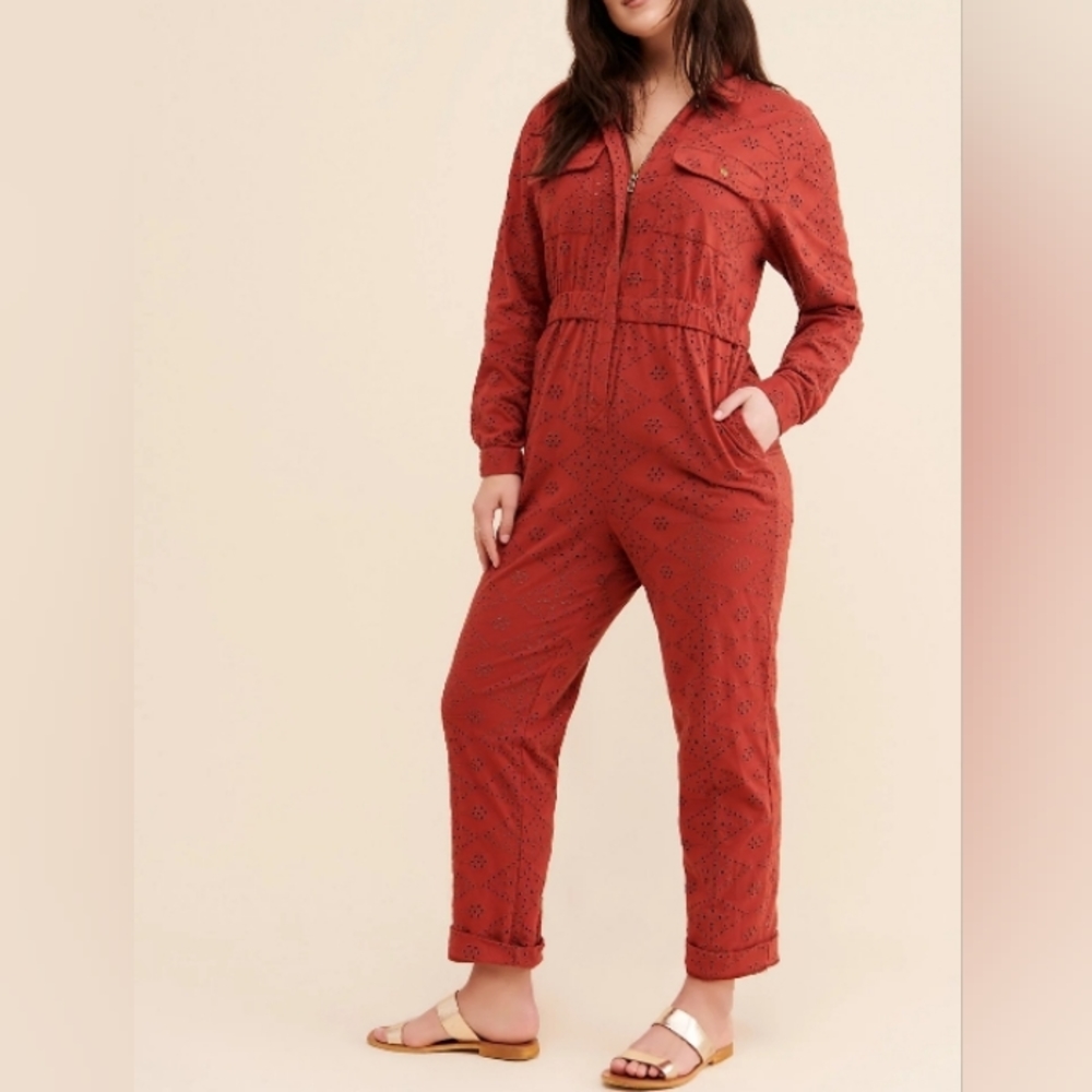 Free People Rust Red Eyelet Utility Jumpsuit